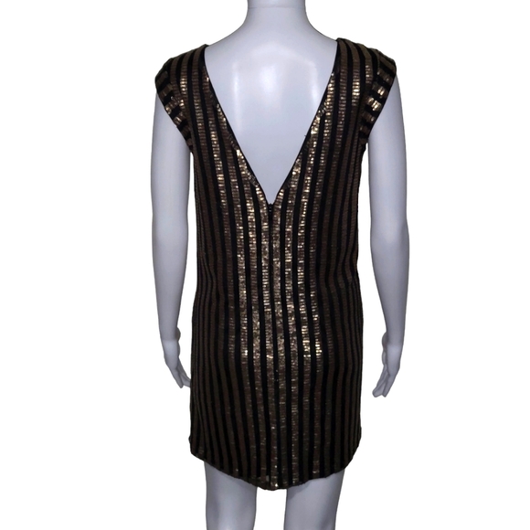 ALI & Jay black gold copper sequins stripes deep V back mini dress size medium - Picture 6 of 11